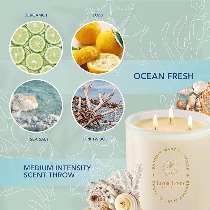 Coastal Breeze - Yuzu & Sea Salt Pure Beeswax Candle – 90+ Hours Long Burning Classically Designed Non-Toxic Scented Candles for Home Decor with Natural Fragrance 15 oz