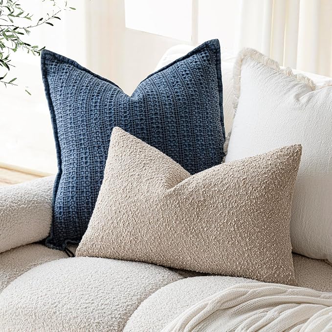 Foindtower Pack of 2 Textured Boucle Throw Pillow Covers Accent Solid Lumbar Pillow Cases Cozy Soft Decorative Couch Cushion Case for Chair Sofa Bedroom Living Room Home Decor, 12 x 20 Inch,Oatmeal