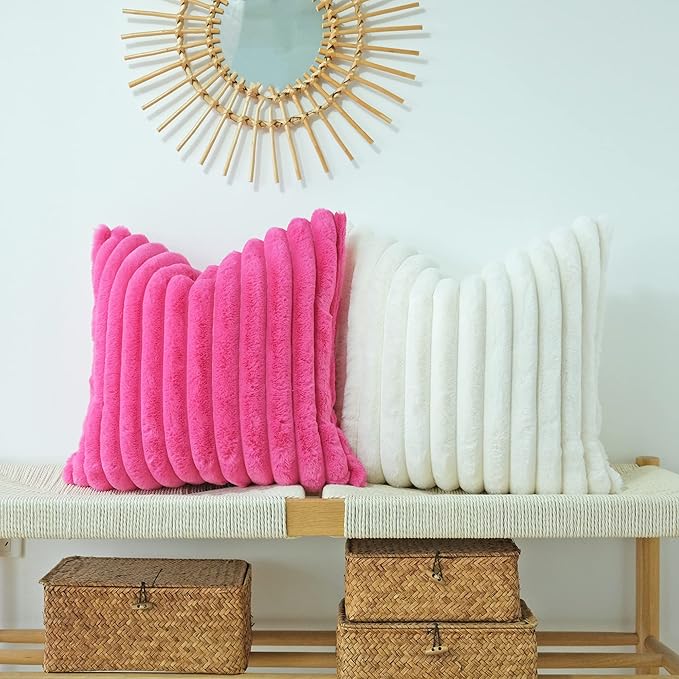 JOJUSIS Pack of 2 Faux Fur Plush Decorative Throw Pillow Covers Couch Cushion Case Soft Pillowcases (Hot Pink, 20 x 20-Inch)