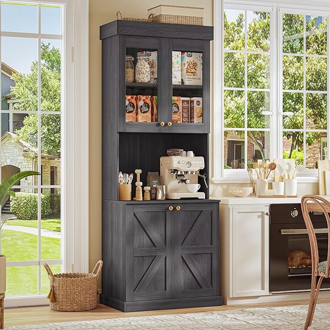 71" Farmhouse Kitchen Pantry Cabinet Set of 2, Black Freestanding Coffee Bar Hutch with Glass Doors, Drawers & Adjustable Shelves, Large Storage Cabinet with Microwave Stand for Living Room & Kitchen