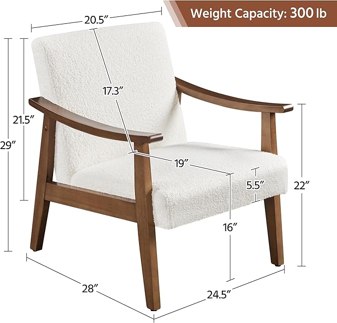 Yaheetech Fabric Accent Chair, Mid-Century Modern Armchair with Solid Wood Legs, Reading Leisure Chair with High Back for Living Room Bedroom Waiting Room, Set of 2, Ivory
