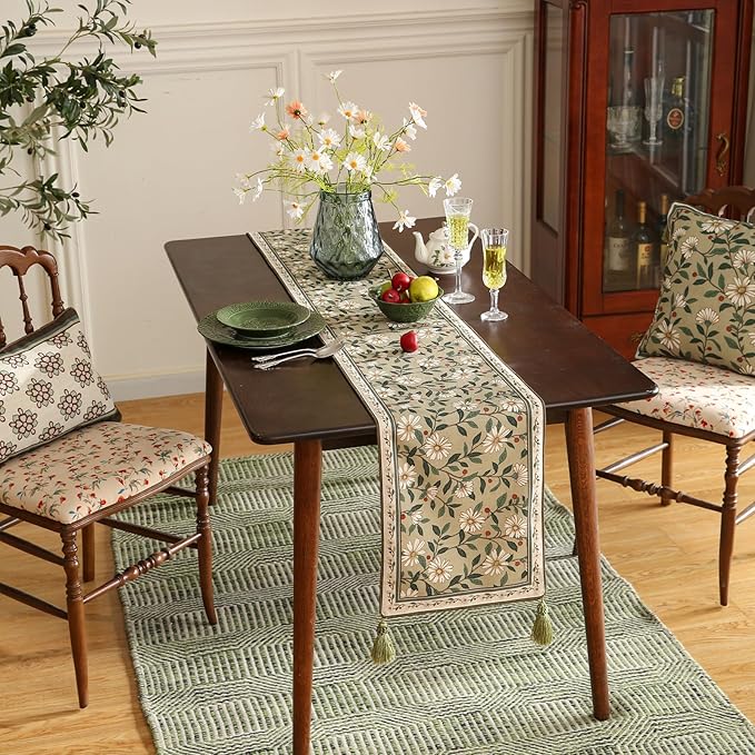 ISAENNE Designer Green Elegant Linen Table Runner 102 Inches Long,Flower and Leaves Pattern Wrinkle Resistant Table Runners for Dining Tables,Thanksgiving,Kitchen Tables,Christmas,12"*102"-Brune