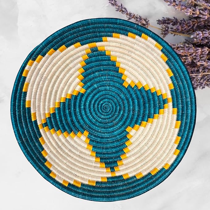 Handwoven African Basket Handmade sisal Fruit Bowl Wall Hanging decorative Baskets for Home Living Room Kitchen Centerpiece Zen Designs Arts and Crafts (Teal White, 12in diameter)