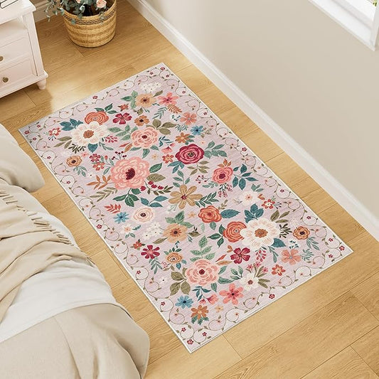 DUKINO 2x4 Rug for Entryway, Washable Kitchen Floral Runner Rug with Non Slip Backing, Low Pile Soft Boho Carpet for Kitchen, Hallway, Entryway, Laundry, Bedroom, Beige
