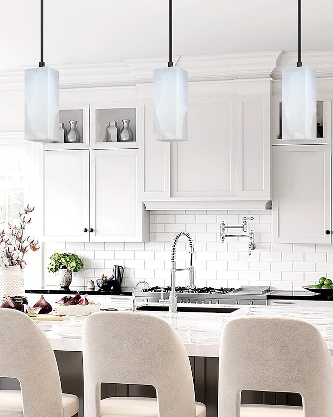 3 Pack 1 Light Square Cylinder Natural Alabaster Marble Modern Industrial Farmhouse Hanging Kitchen Island Pendant Ceiling Light Fixture,Black Finish Over Sink Restaurant bar Corridor