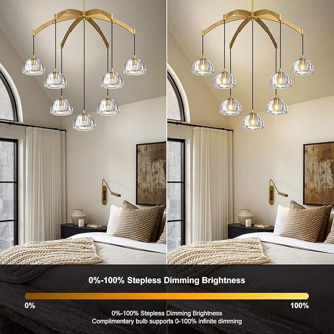 Modern Gold Chandelier, 34 inch Crystal Chandeliers for Dining Room (7-Light), Elegant Decoration Light for Living Room, Foyer Brass Chandeliers