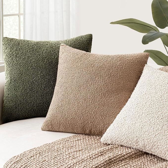 Foindtower Pack of 2, Decorative Textured Boucle Throw Pillow Covers Neutral Accent Solid Pillow Cases Cozy Soft Couch Cushion Case for Chair Sofa Bedroom Living Room Home Decor 22x22 Inch Moss Green