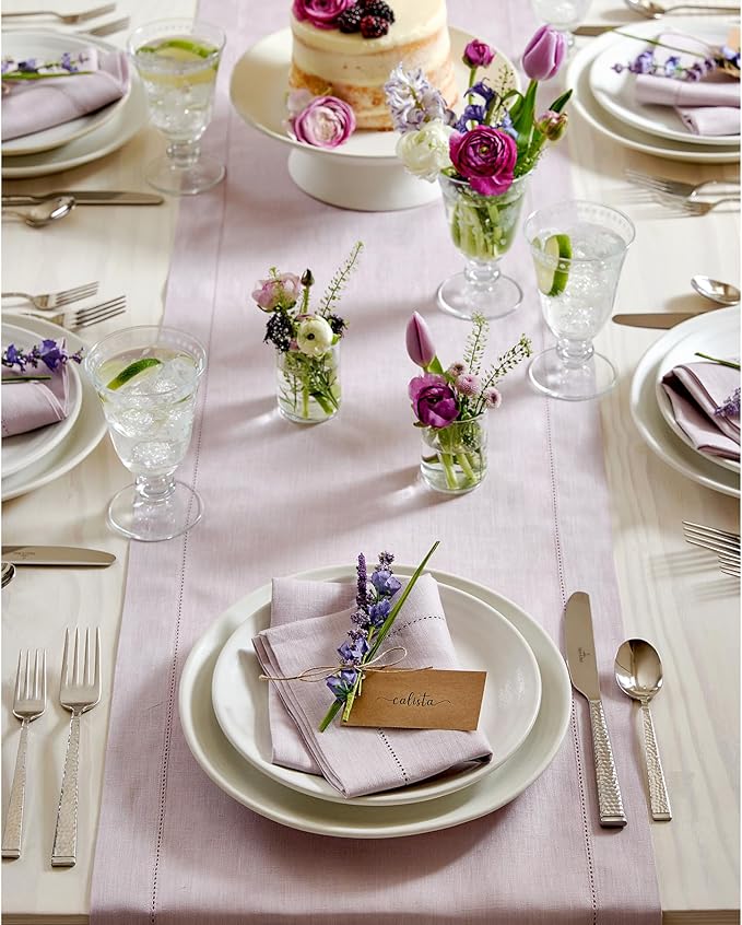 Solino Home Linen Table Runner 36 Inches - 100% Pure Linen Lilac Hemstitch Table Runner 14 x 36 Inch Ideal for Dresser and Coffee Tables - Classic Hemstitch