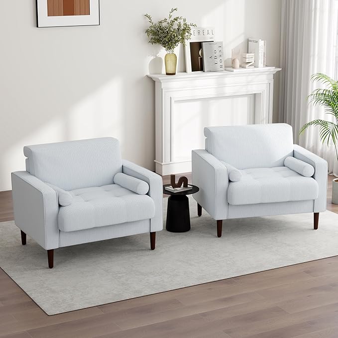 UIXE Corduroy Accent Chairs Set of 2, Modern Upholstered Living Room Arm Chair Comfy Bedroom Reading Armchair with Bolster Pillows, Mid-Century Track Armrest Tufted Single Sofa Seat (Beige)
