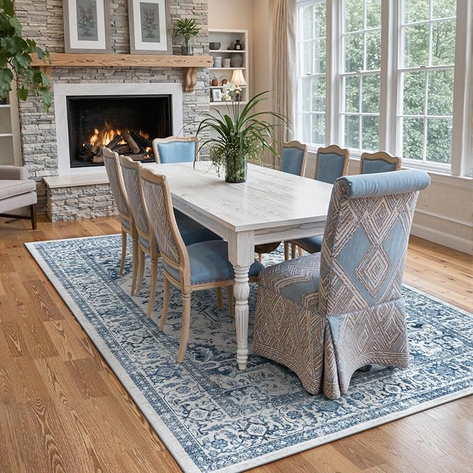 LIVEBOX Blue Washable Area Rug 5x7 - Large Vintage Tribal Living Room Non-Slip Indoor Carpet for Bedroom, Low-Pile Retro Print Distressed Accent for Nursery Entryway Office