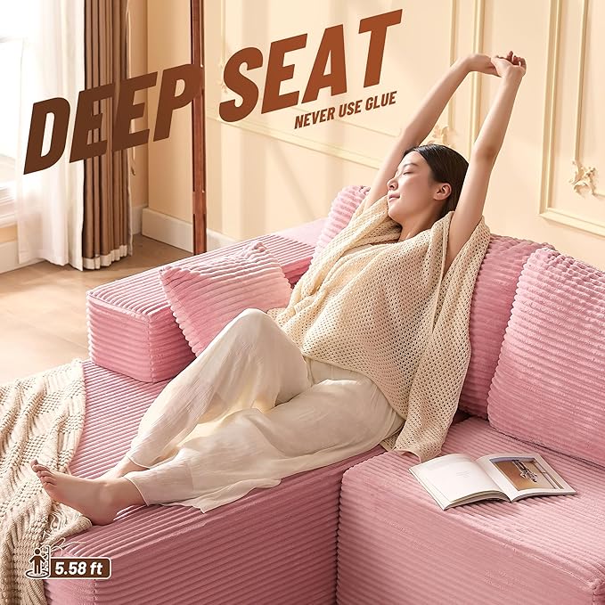 138" Boneless Couch with Deep Seat, Modular Sectional Sofa, Cloud Sectional Couch for Living Room, No Assembly Required, Corduroy, U-Shape 4 Seater Left, Pink