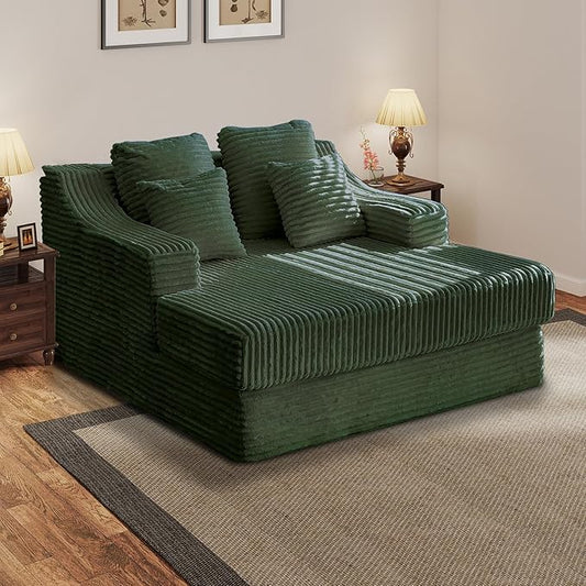 Chaise Lounge Sofa Chair Indoor Cozy Sofa Bed Oversized with Four Pillow Fluffy Upholstered Sleeper Sofa Chair for Living Room Bedroom Office Liesure No Assembly Required（Green）
