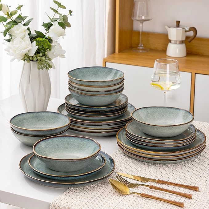 AmorArc Ceramic Dinnerware Sets,Handmade Reactive Glaze stoneware Plates and Bowls Sets,Highly Chip and Crack Resistant | Dishwasher & Microwave Safe,Service for 4 (12pc)