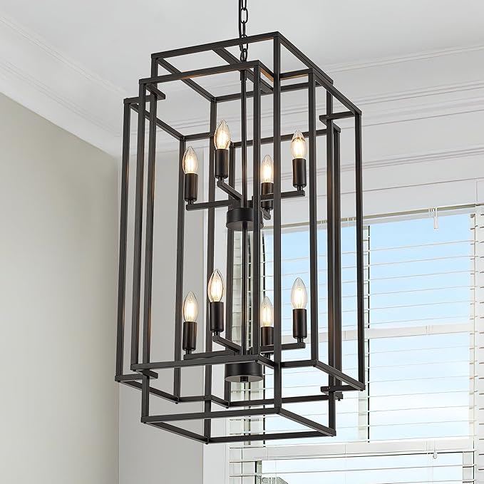 8-Light Lantern Tiered Pendant Light Fixtures, Black Metal Farmhouse Chandelier Hall Foyer Hanging Chandelier for Kitchen Island Dining Room Living Room Foyer Entryway, Black
