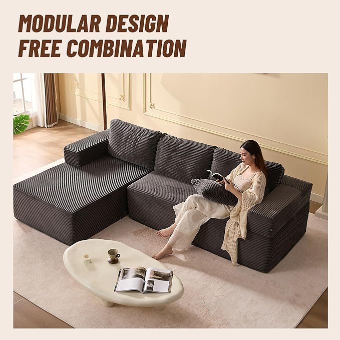 107" Boneless Couch with Deep Seat, Modular Sectional Sofa, Cloud Sectional Couch for Living Room, No Assembly Required, Corduroy, L-Shape Left，Grey