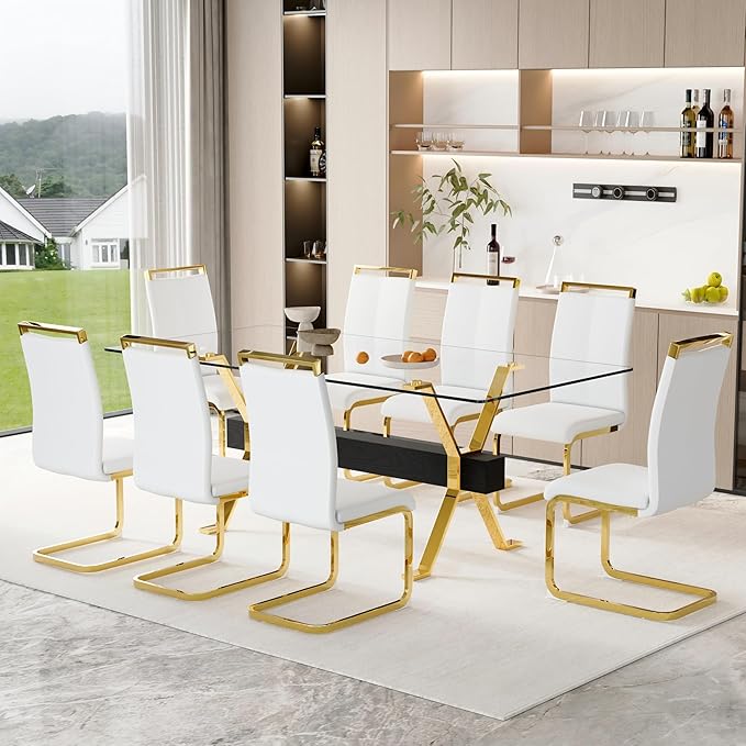 9 Piece Glass Dining Table Set, 79" Modern Dining Table Set for 8, 0.5" Thick Tempered Glass Tabletop with Gold Chrome Metal Legs and Black Crossbar, 8 PU Chairs for Dining Room, Kitchen