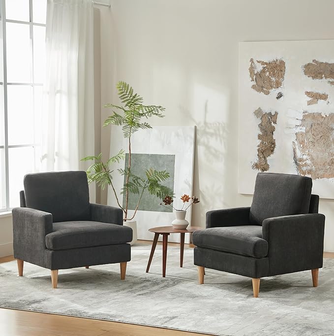 VKNOW Mid-Century Accent Chair, Modern Upholstered Chenille Armchair for Living Room,Comfy Reading Accent Chairs with Wood Legs for Bedroom, Dark Grey