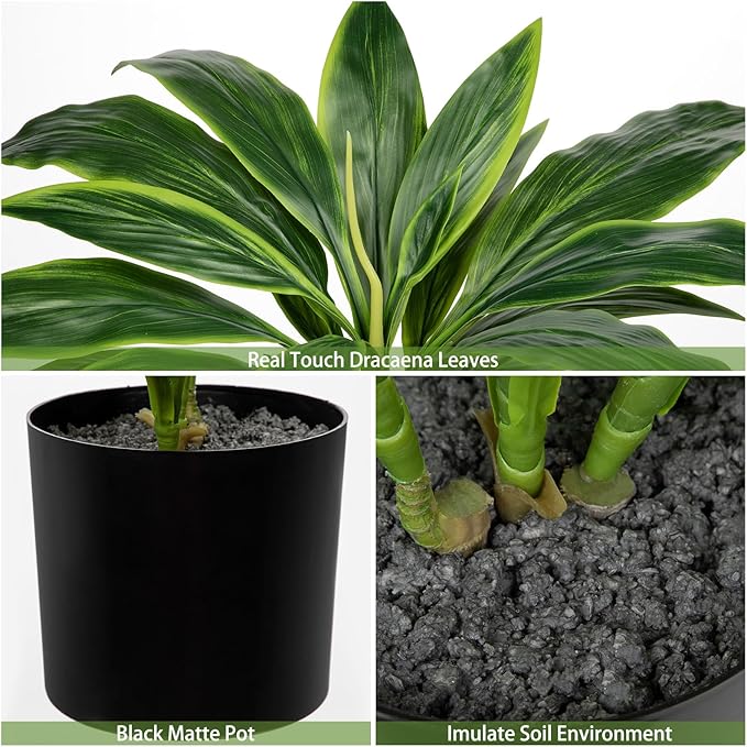 Artificial Plants Indoor with Pot, 18.1" Fake Potted Plants Medium Artificial Dracaena Plant in Black Pot Faux Tropical Plants for Bathroom Living Room Office Desk Shelf Decor