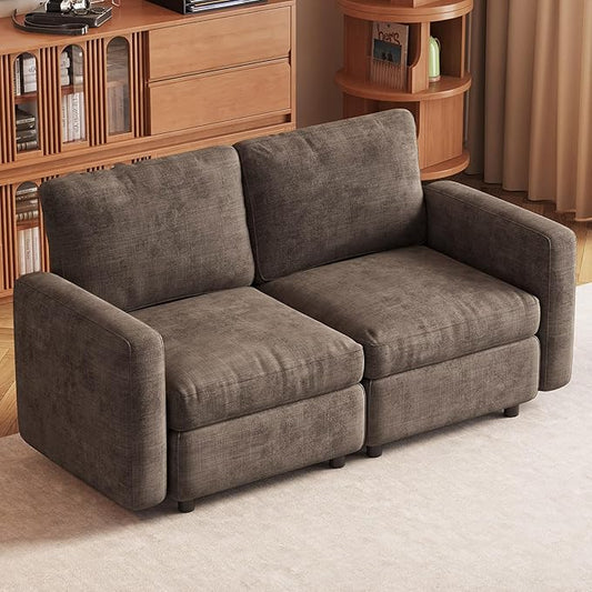 2-Seat Modular Sofa Couch for Small Spaces, Convertible Sleeper Loveseat with Ergonomic Cushions, Brown Cloud Futon Lounge Sectional Furniture for Living Room Bedroom Apartment