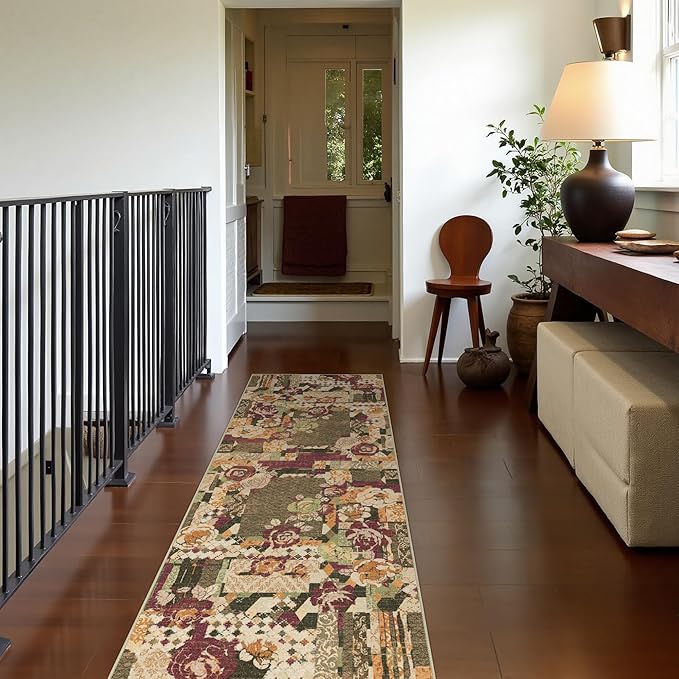 GENIMO Floral Runner Rug 2'6''x8, Machine Washable Non Slip Vintage Patchwork Hallway Runner, Ultra-Thin Low Pile Runners for Indoor Entryway, Hallway, Kitchen and Corridor, Auburn Cinnamon
