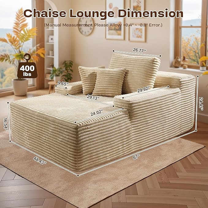 Chaise Lounge Chair Indoor, Oversized Sleeping Couch 67" L * 48.5" W Assembly Free Modern Minimalist Sofa, Extra Deep Large Single Seat Sofa for Living Room (Beige Plush Fabric)