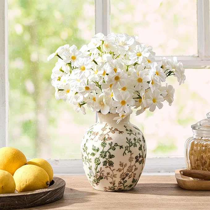 SIDUCAL Ceramic Green and Beige Antique Vase, 5.83 Inch Retro Ice Cracked Chinoiserie Floral Vase, Rustic Farmhouse Vases for Home Decor, Bookshelf, Office, Garden, Chinoiserie Decor, Tuscan Decor