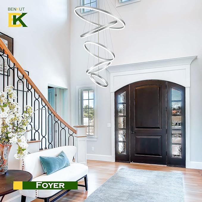 5 Rings D31.5 Modern LED Chandelier Silver Large Dimmable Circular High Ceiling Chandeliers with Remote Control for Foyer Dining Room Living Room Staircase Villa, 3000K-6500K CCT