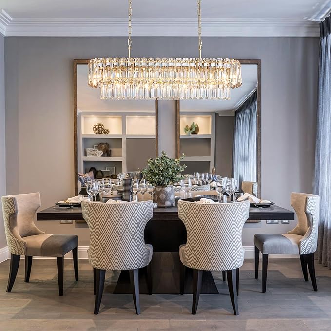 L35.4in Gold Crystal Chandeliers 14-Light Modern Chandeliers for Dining Room Rectangle Luxury Pendant Light Fixture for Kitchen Island,Entryway,Living Room