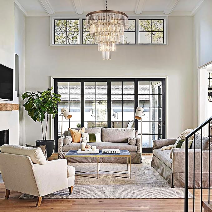 TOCHIC Large Crystal Chandelier for High Ceiling, 40 inch 7-Tier Modern Black Crystal Chandeliers Lighting Fixture, Round Light for Entryway Staircase Foyer Living Room (Bronze, 31.5 Inches)