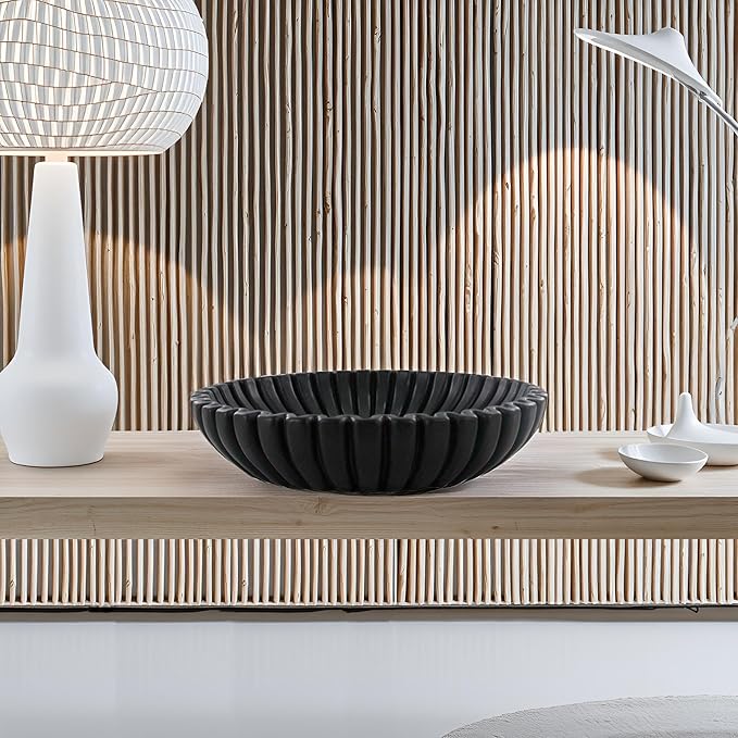 15" Large Decorative Bowl decor , Scalloped Decorative Bowls for Modern Home Decor,Ruffle Decor,Stylish Key Bowl for Entry Table,Decorative Fruit Bowl for Kitchen Counter,Artificial Stone Black