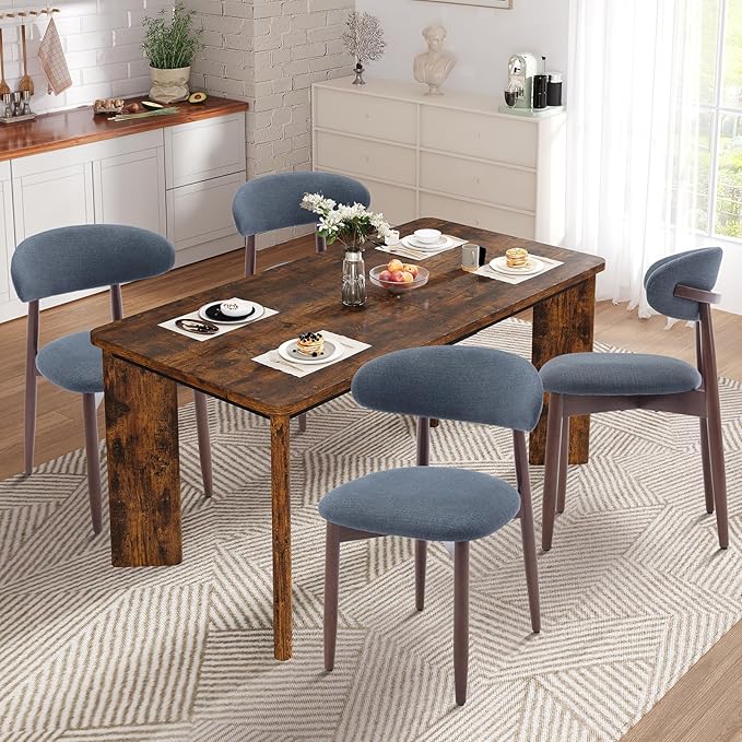 9-Piece Rectangular Dining Table Set for 8, 63" Industrial Kitchen Table with 8 Wooden Upholstered Dinner Chairs for Dining Room, Kitchen, Living Room, Brown+Blue