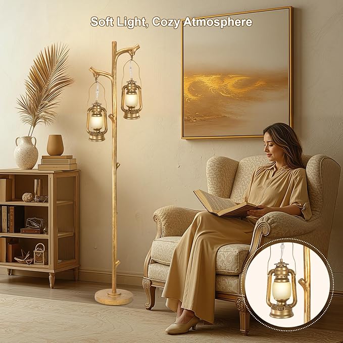 Scenekoy 68” Tall Floor Lamp with Lanterns, Gold Standing Lamp Tree Trunk Finish, Dimmable Resin Corner Lamp Stand Up Light with Bulb Prefer for Modern Living Room Bedroom Home Decor (Bulbs Included)