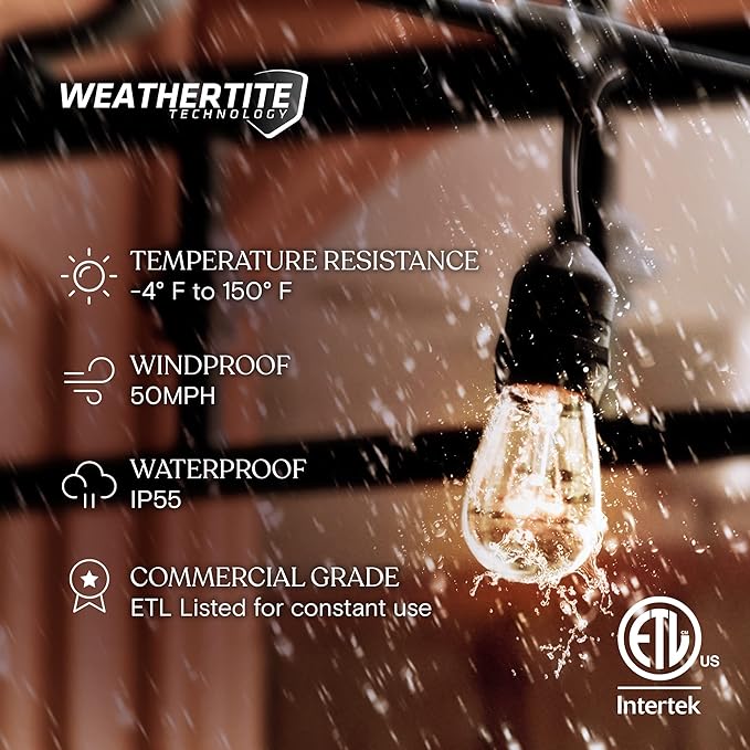Brightech Ambience Pro Incandescent Outdoor String Lights - Commercial Grade Waterproof Patio Lights with 48 Ft Dimmable Edison Bulbs, Porch String Lights for Patio, Backyard - 15 Bulbs 11W