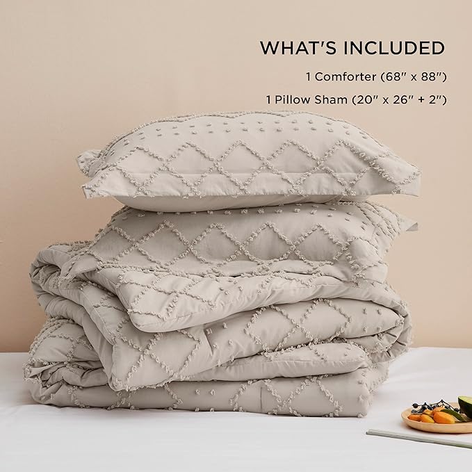 Bedsure Twin Comforter Set - Linen Comforter, Boho Tufted Shabby Chic Bedding for Kids, 2 Pieces Vintage Farmhouse Bed Set for All Seasons, Fluffy Soft Bedding with 1 Pillow Sham