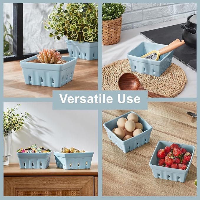 ONEMORE Berry Basket Ceramic Berry Bowls with Holes Square Fruit Bowl Berry Colander Containers for Fridge - 5.8" Fruit Basket for Kitchen Décor, Set of 2, Blue