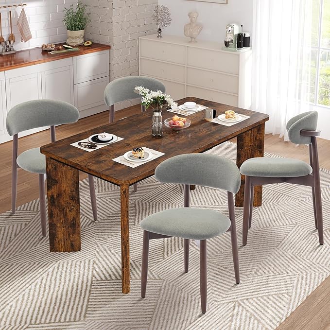 5-Piece Rectangular Dining Table Set for 4, 63" Industrial Kitchen Table with 4 Wooden Upholstered Dinner Chairs for Dining Room, Kitchen, Living Room, Brown+Green