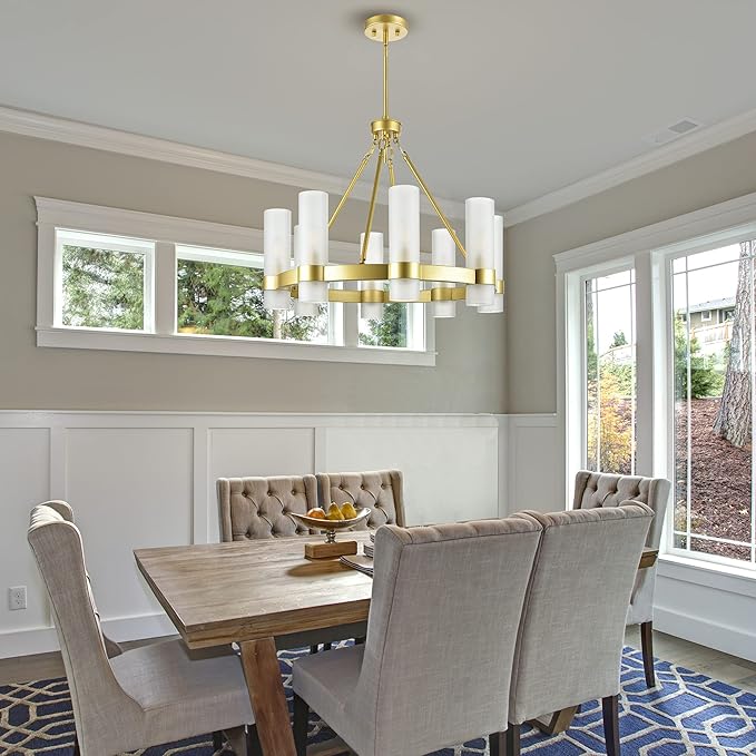 Linea di Liara Teramo Gold Chandelier Dining Room Light Fixture Small Wagon Wheel Chandelier Round Industrial Modern Farmhouse Chandeliers for Dining Room Foyer, Frosted Glass, UL Listed