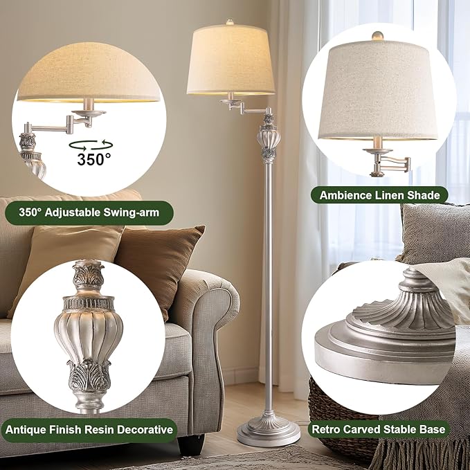 61" Vintage Floor Lamp with 350° Adjustable Swing Arm, Tall lamp Standing Lamp for Living Room Bedside Bedroom Nightstand Retro Farmhouse Mid Century Lamp Light Home Décor Office Gifts