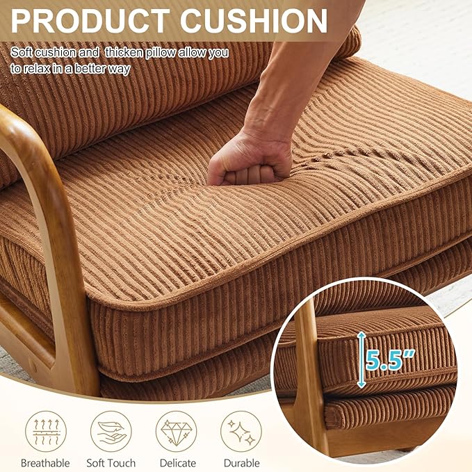 Karl home Mid-Century Modern Accent Chair, Living Room Chairs with Pillow Corduroy Upholstered Lounge Armchair with Solid Wood Frame & Soft Cushion for Bedroom, Reading Room, Brown