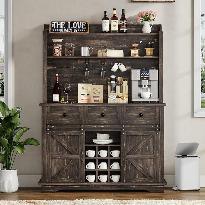 63 Inch Tall Coffee Bar Cabinet with 3-Tier Storage, Kitchen Hutch with 3 Drawers, Farmhouse Coffee Bar with 9 Racks & 3 Glass Holders, Wine Bar Cabinet for Living Dining Room, Oak