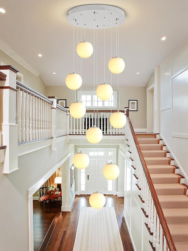 H118 Large Chandeliers for High Ceilings,12-Lights Mid Century Globe Chandelier Silver Modern Globe Pendant Light for Entryway Villas and Stairs