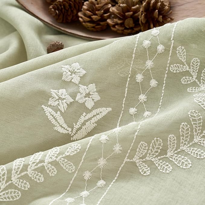 jinchan Belrose Sage Green Floral Sheer Curtains for Living Room 84 Inch Long Voile Embroidered Farmhouse Curtains for Bedroom Ivory Flower Patterned Rod Pocket Window Treatments, 2 Panels Green