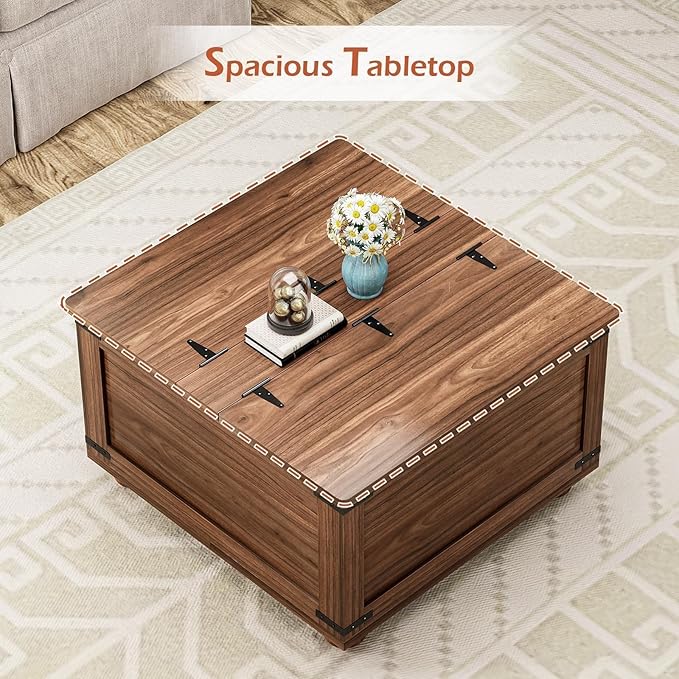 Farmhouse Coffee Table with Storage, Large Square Coffee Table with Wood Gourd Feet and Hydraulic Gas Rod for Living Room, Walnut