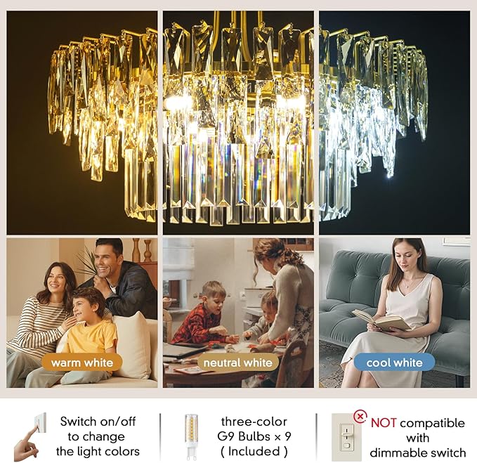 Modern Gold Round Crystal Chandelier - 23.6'' Luxury K9 Crystals Chandeliers for Dining room,3 Tier Raindrop Chandelier for Living room,Contemporary Light Fixture for Bedroom Foyer Entryway Kitchen