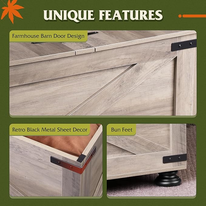 WLIVE Farmhouse Coffee Table, 31.5" Square Wood Center Table with Flip-Top Lids and Large Hidden Storage Compartment for Living Room, Bedroom, Grey Oak