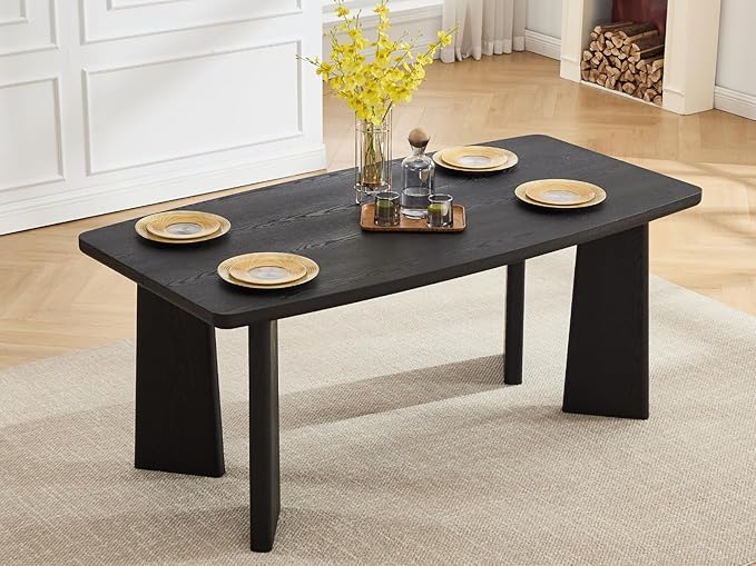 Wooden Dining Table Set of 4, Farmhouse Rectangular Dining Room Table with 4 Upholstered Beige Dining Room Chairs, Black Frame, Modern Black Kitchen Table and Linen Chairs Set for Home