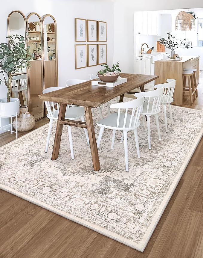 LIVEBOX 8X10 Area Rugs for Living Room, Washable Beige Neutral Boho Rugs Large Soft Non-Slip Rug, Low-Pile Vintage Medallion Rug, Retro Faux Wool Indoor Carpet for Dining Room Bedroom Office