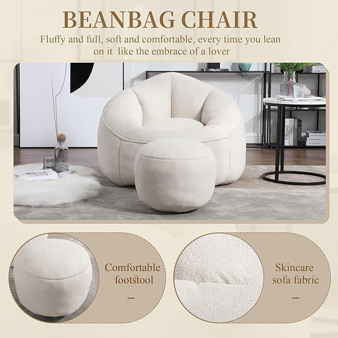 Bean Bag Sofa Chair with Foam Padded Velvet Bean Bag Chair with Soft Foam Padded Ottoman