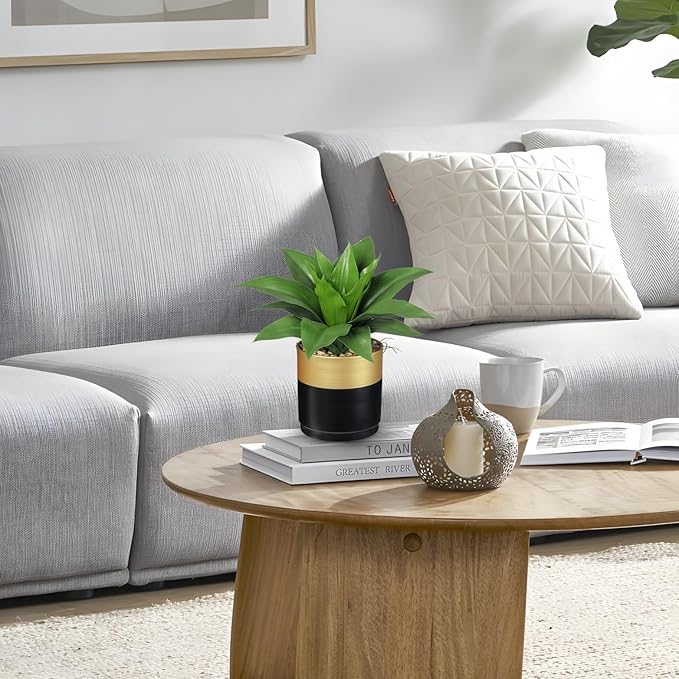 Briful Agave Artificial Wide Leaf Plant in Black and Gold Pot – 10.2” Tall Faux Greenery with Plastic Leaves & Pebble Base, Fake Plants for Indoor Table Decor, Desk, Shelf, Office or Bathroom