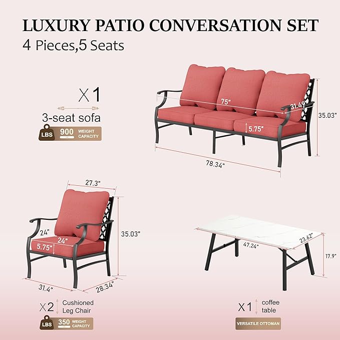 HERA'S HOUSE 4 Piece Patio Furniture Set, 2 x Metal Frame Cushioned Chair, 3-Seat Sofa with Marbling Coffee Table, All Weahter Outdoor Conversation Set for Lawn Garden Backyard, Red